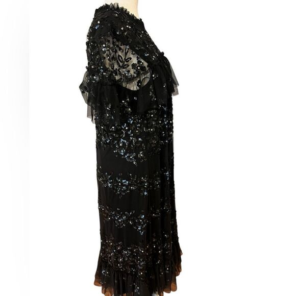 NWT MAC DUGGAL Black Sequined High Neck Ruffled Flutter Sleeve Midi Dress sz 12 - Picture 8 of 13